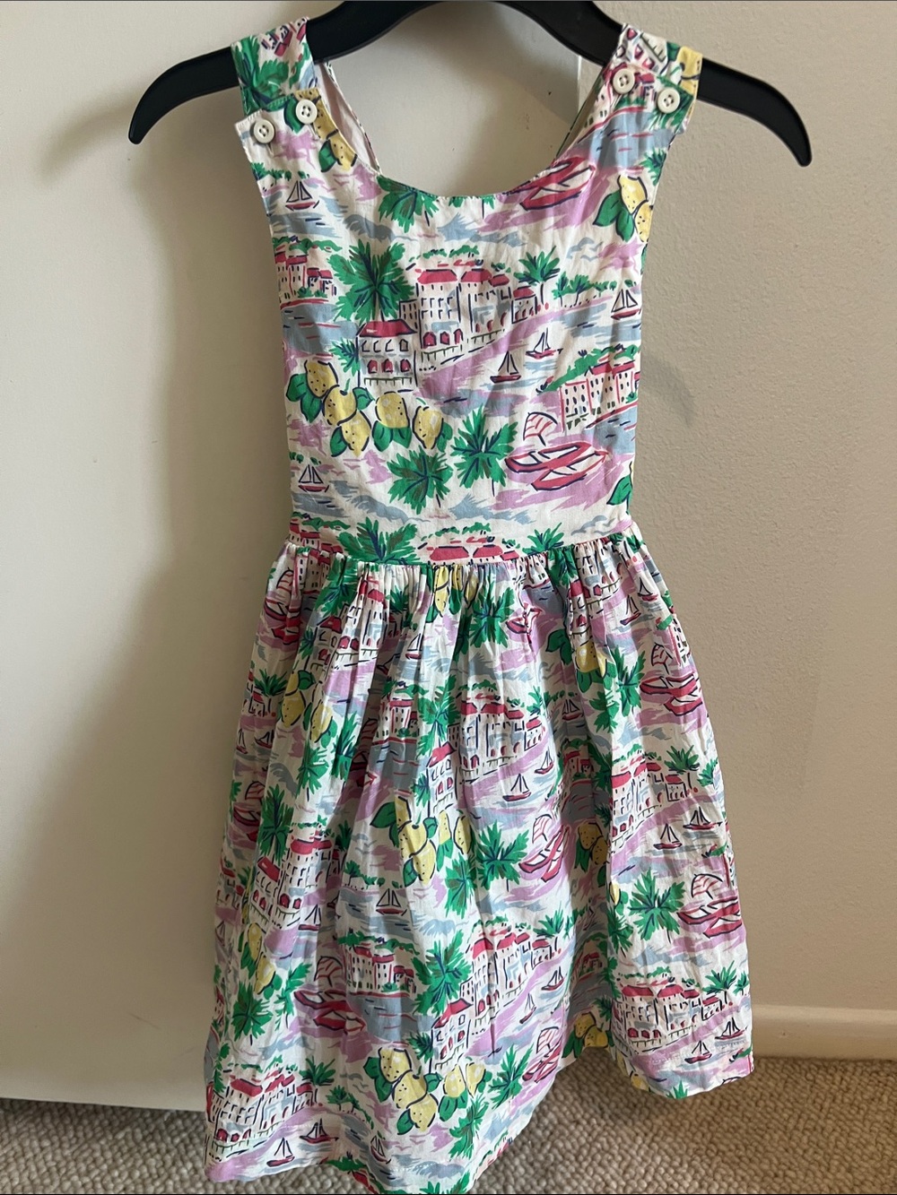 Mini Boden Cotton Sundress in Green, Pink & Yellow Tropical Print